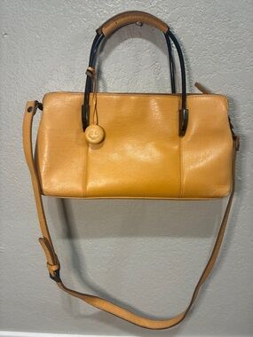 Yellow Leather Satchel with Top Handles and Crossbody Strap
